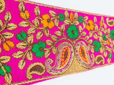 Fuchsia Pink Art Silk Fabric Trim With Intricate Floral Embroidery, Approx. 90mm wide, Trim By Yard Decorative Sari Border